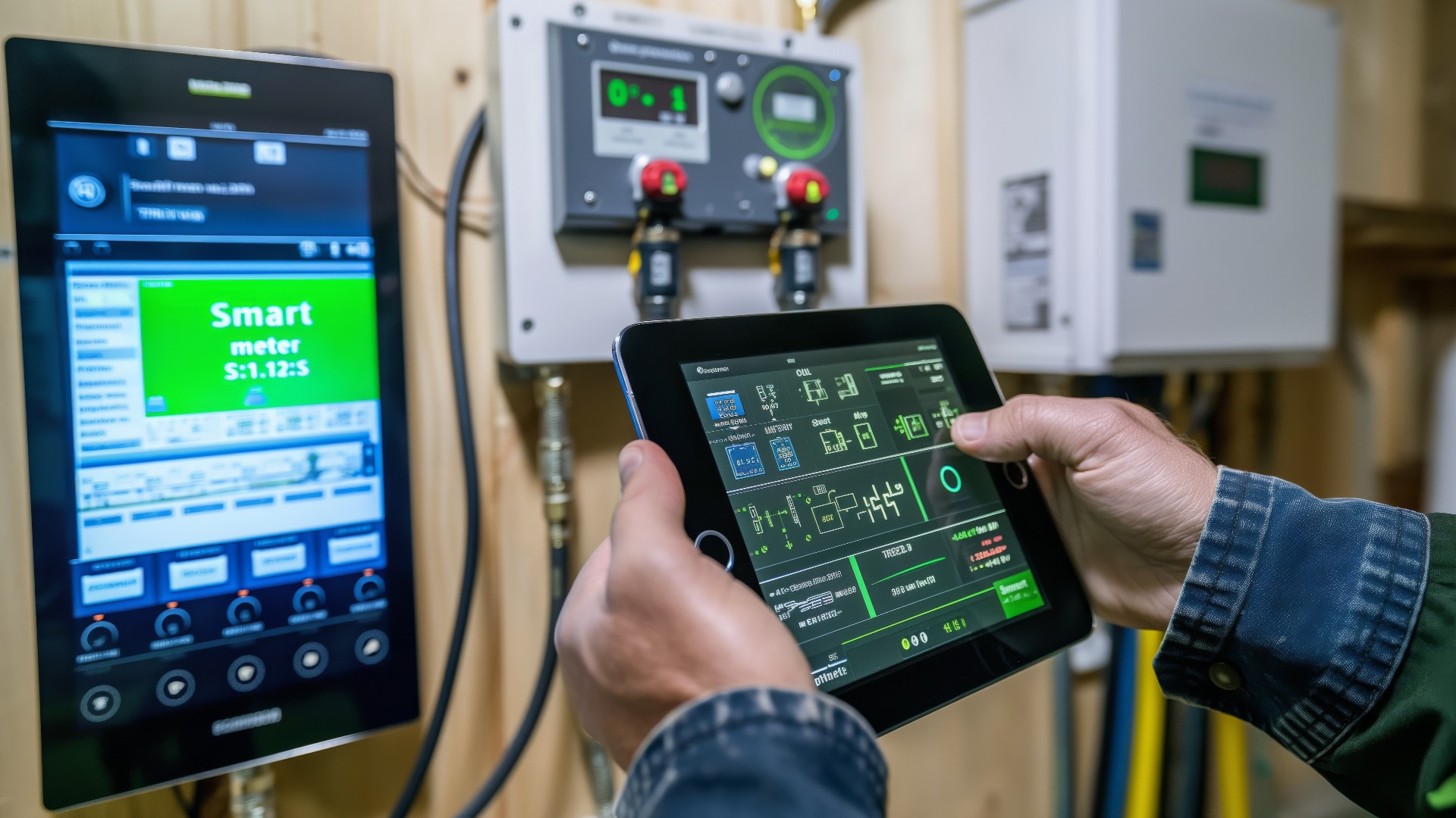 Intelligente Zähler, intelligente Verbrauchsmessung. Ein Techniker, der mit einem Stromzähler das elektrische System eines Hauses schützt, während er sein Tablet hochhält.