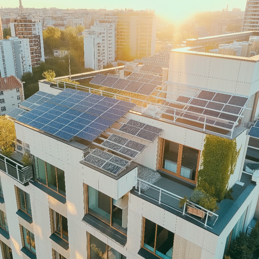 Modernes umweltfreundliches Passivhaus mit Sonnenkollektoren auf dem Dach. Sonnenkollektor für Zuhause. Sonnenkollektoren auf dem Dach eines modernen Wohnhauses in der Stadt