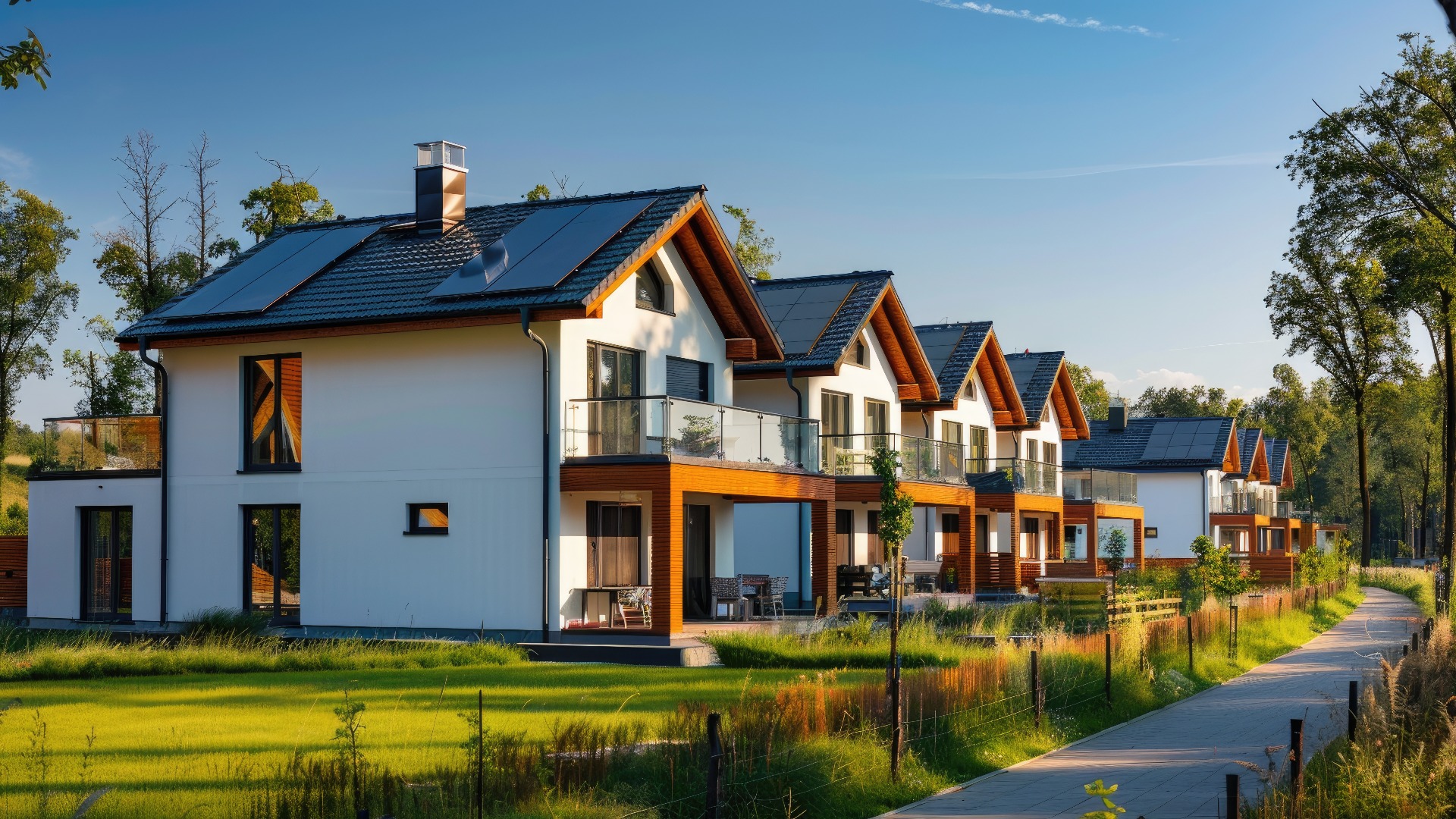 Eine Reihe moderner weißer Häuser mit Holzelementen und Sonnenkollektoren, vor dem Hintergrund üppig grüner Bäume und eines blauen Himmels.