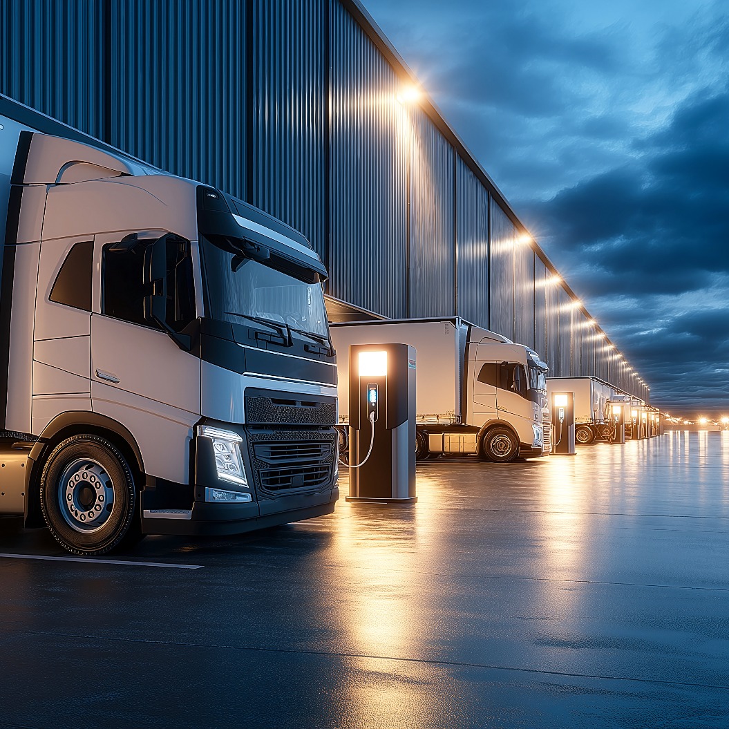 Eine Reihe von Elektro-Lkw lädt in der Dämmerung an einer Industrieanlage und spiegelt sich auf dem nassen Asphalt. Die Szene verdeutlicht den Übergang zu nachhaltigem Transport.