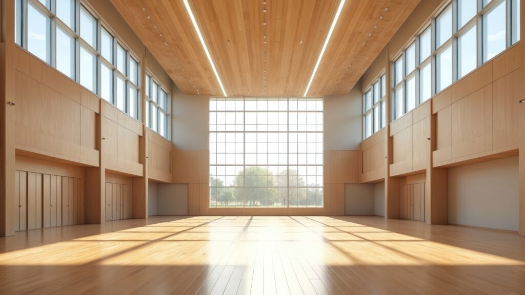 Geräumige, moderne Versammlungshalle mit Holzwänden, großen Fenstern und Tageslicht. Offener Grundriss, mehrere Türen, polierter Holzboden. Ideal für Veranstaltungen, Konferenzen, Meetings, Versammlungen und Gemeinschaftsveranstaltungen.