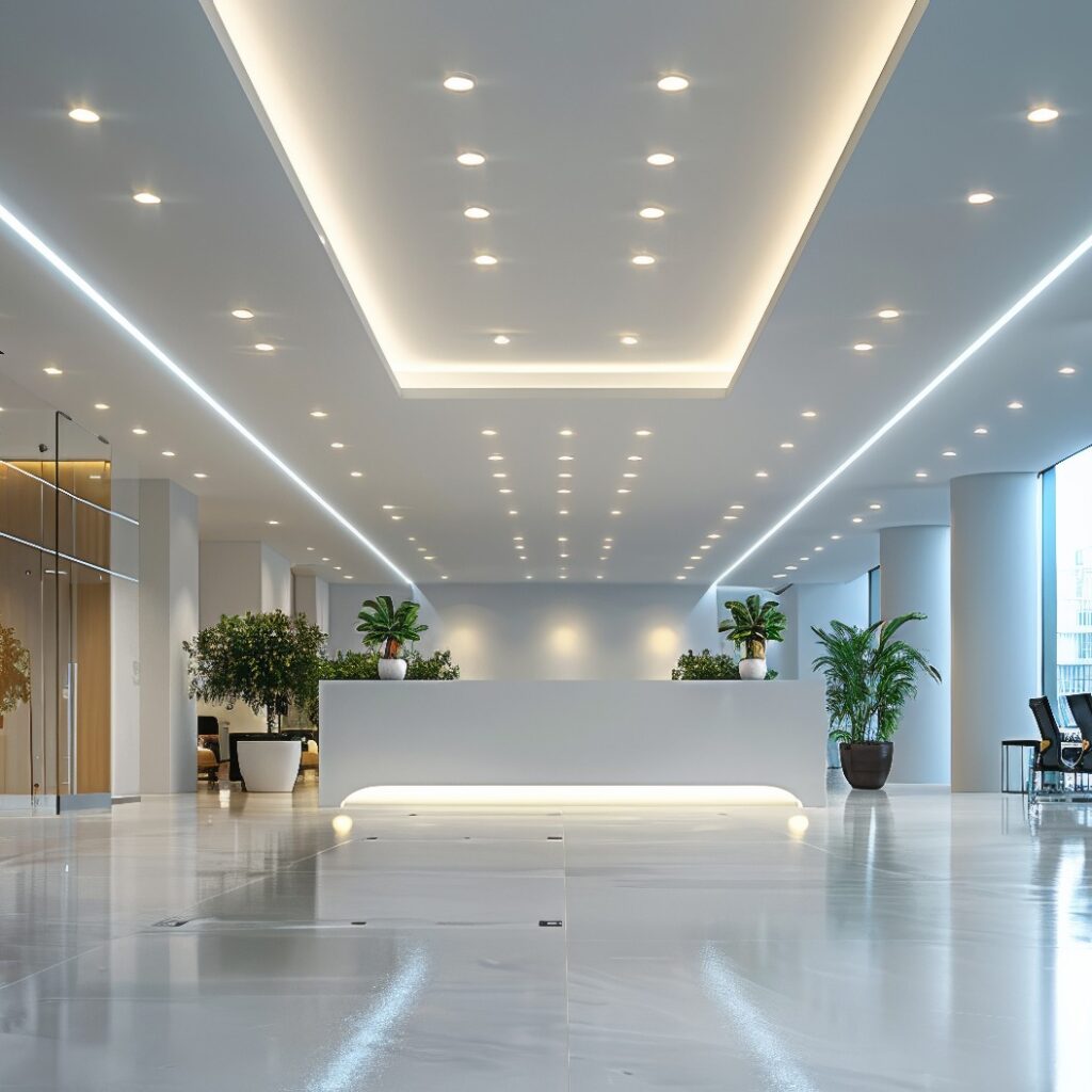 In einem Bürointerieur sind weiße quadratische LED-Downlights installiert, die das moderne Design und die Beleuchtung unterstreichen. An hohen Decken sind weiße quadratische Fliesen aufgehängt. Generative KI.