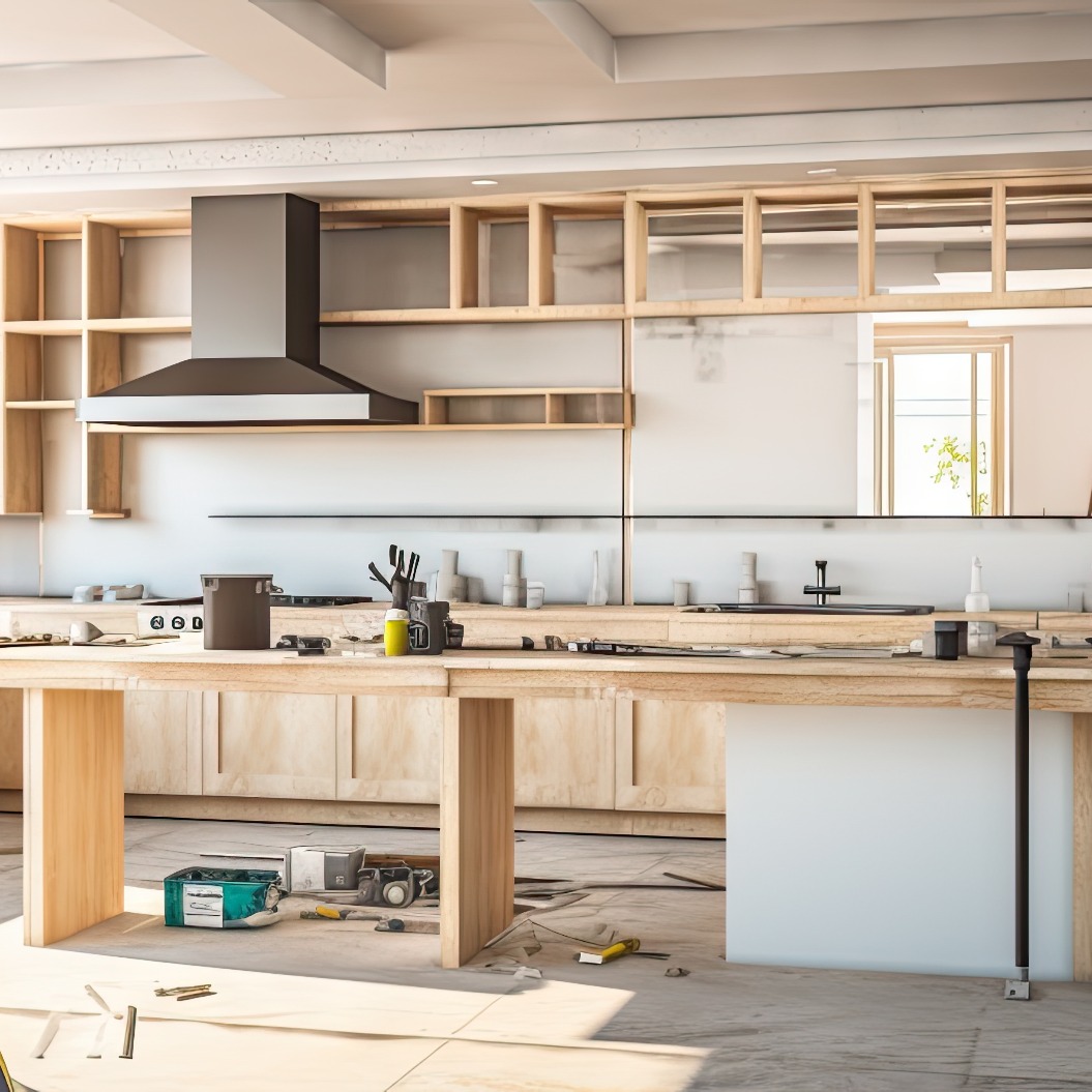 Vorbereitung der Küche für die Installation maßgeschneiderter neuer Funktionen im Rahmen moderner Renovierungsarbeiten