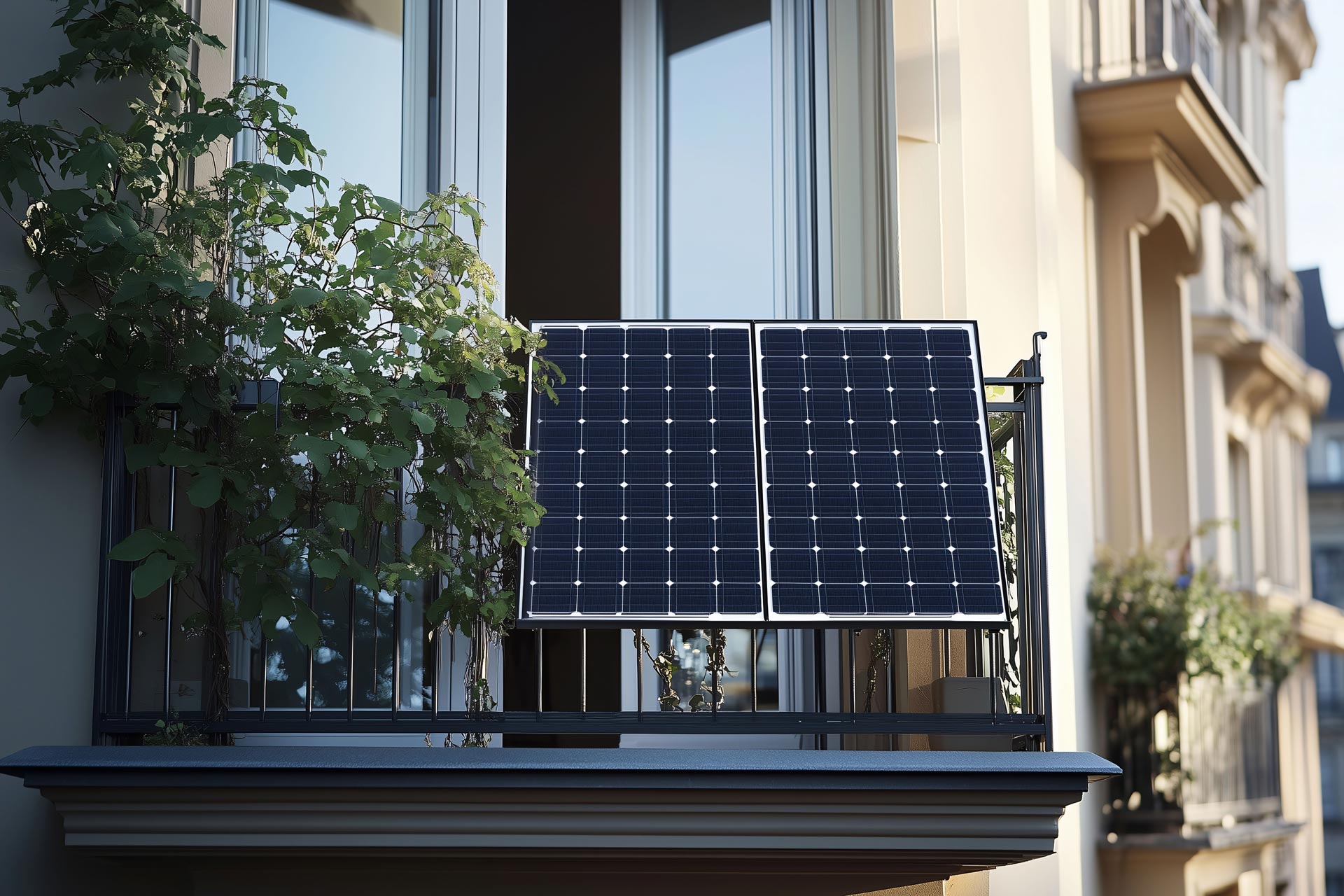 Zwei schwarze Solarpanels stehen auf einem Balkon an einem gelb-beigen Gebäude