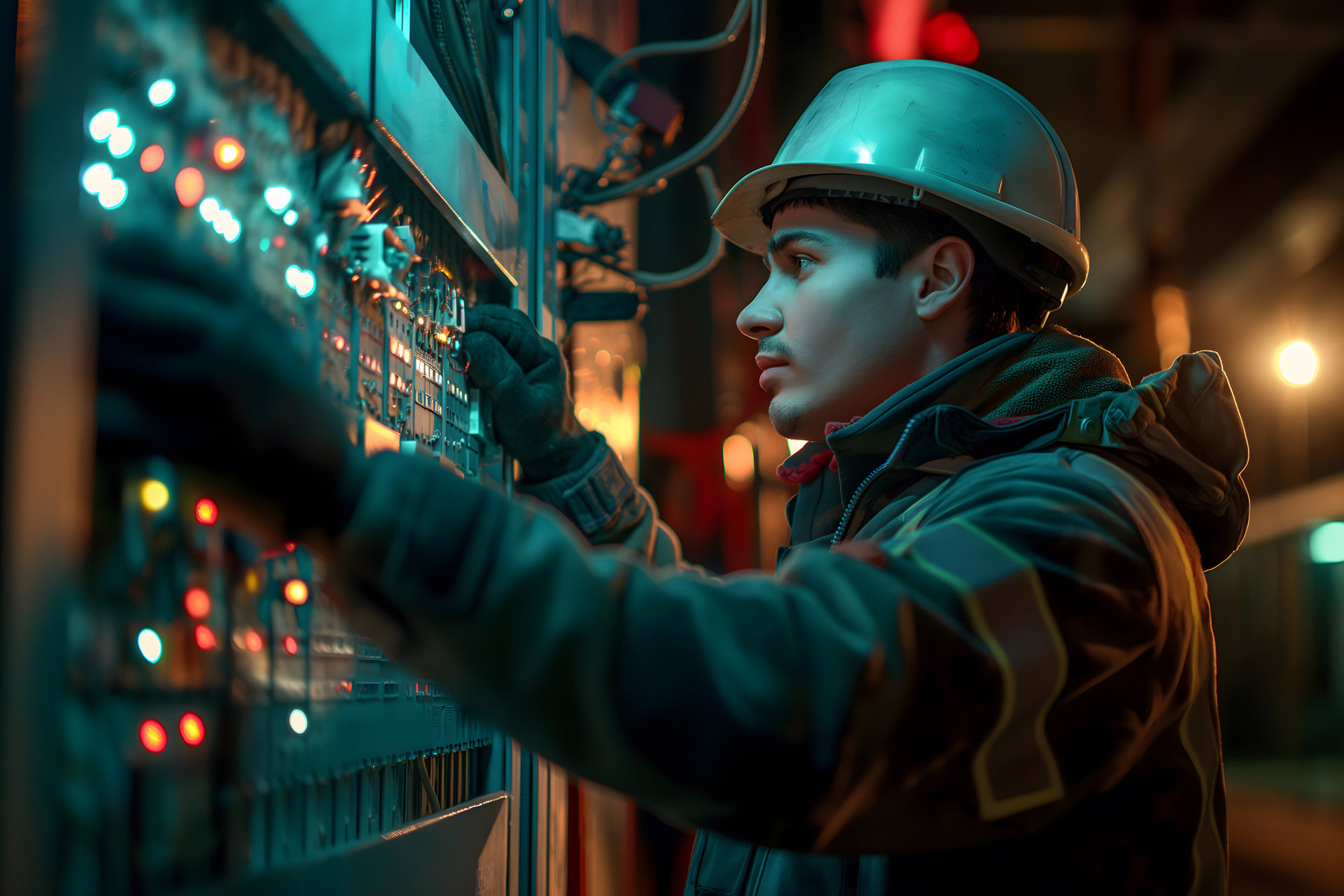 Ein junger Mann mit konzentriertem Blick und Schutzhelm bedient beleuchtete Schaltpulte