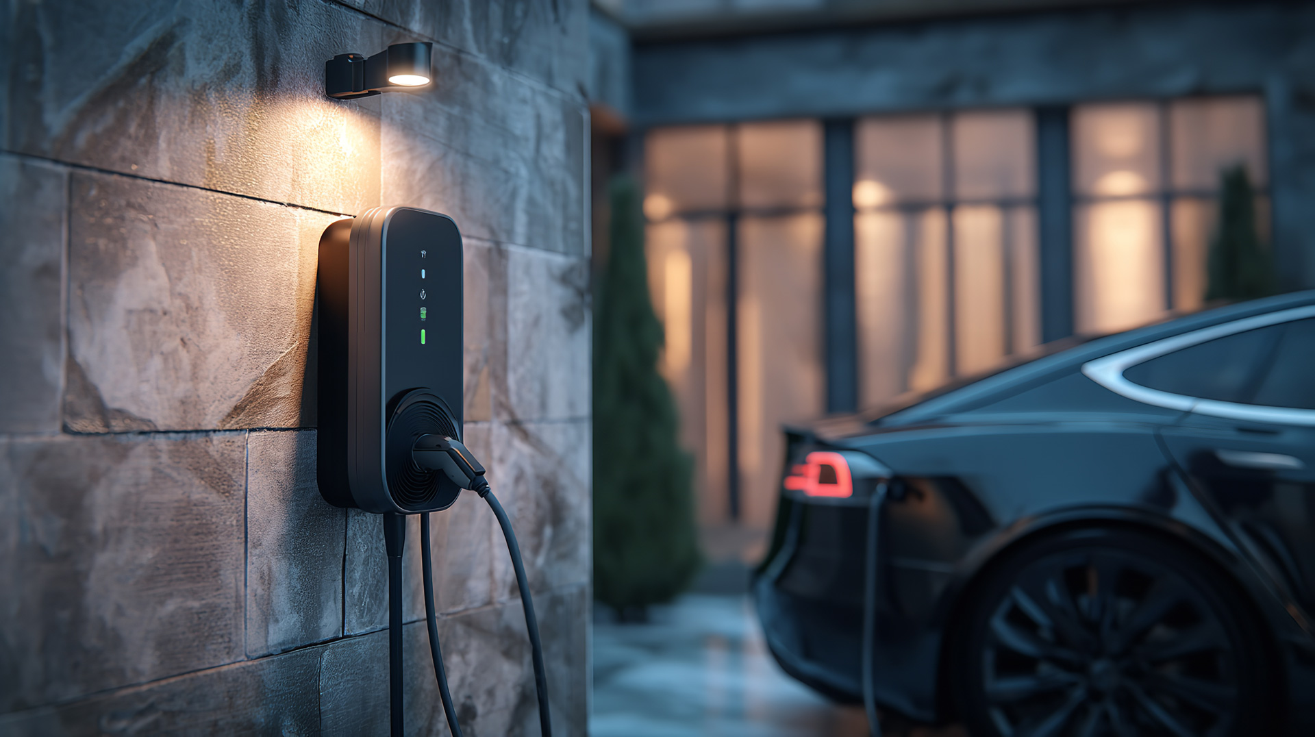 Eine schwarze Ladestation mit grünen Lichtern lädt ein dunkles Elektroauto draußen