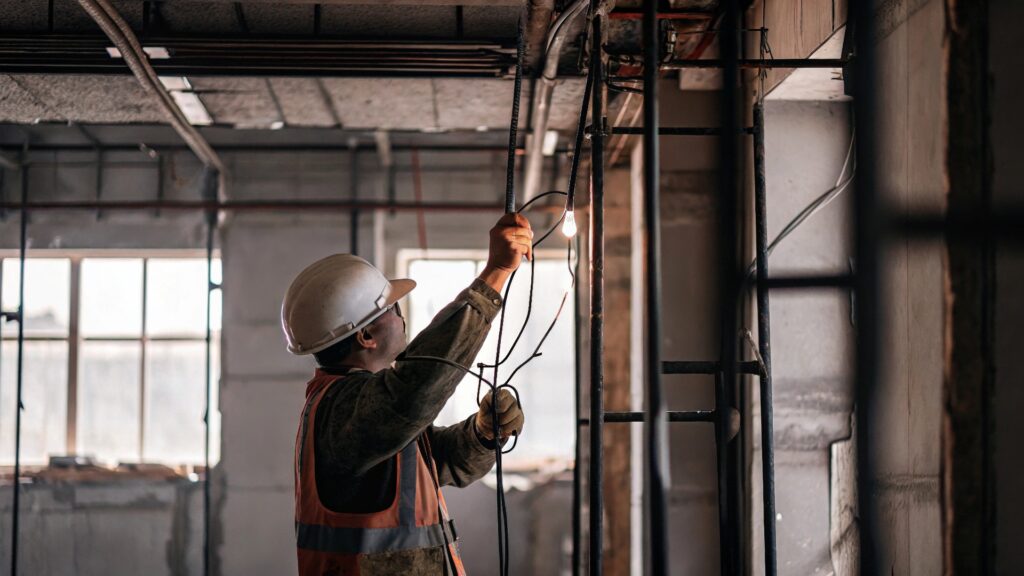 Arbeiter bei der Verlegung von elektrischen Leitungen auf einer Neubau-Baustelle – Aufnahme im Innenbereich, Nahaufnahme des Prozesses der Elektroinstallation